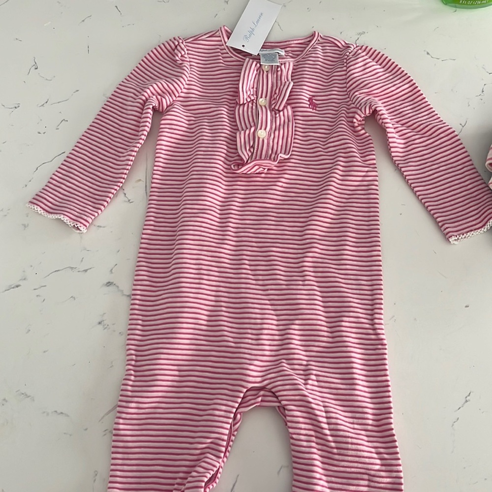 Pink Ralph Lauren striped ruffle one piece 9M